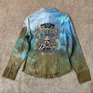 BEJEWELED by Susan Fixel BLUE & BROWN Tie Dye WESTERN Rodeo RHINESTONE Shirt  S